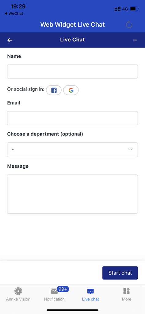Modulo di contatto del supporto via chat dal vivo dell'app Annke Vision