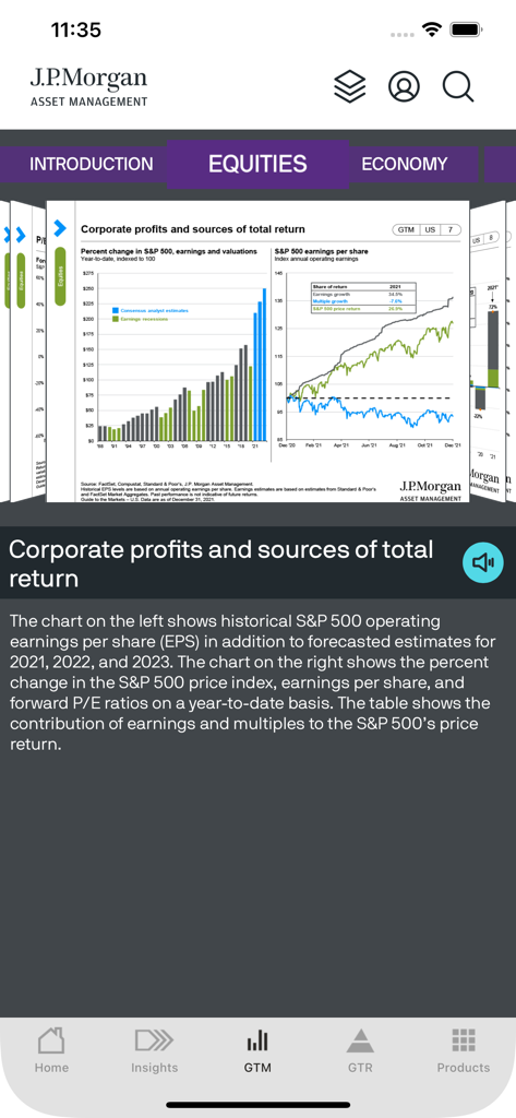 J.P. Morgan Insights app equities tab displaying corporate profits and S.P. 500 earnings charts