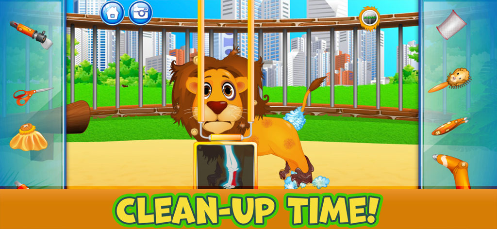 Zoo Animal Care Adventure Game - A sad cartoon lion in a zoo enclosure with veterinary tools and an x-ray screen for cleanup time gameplay.