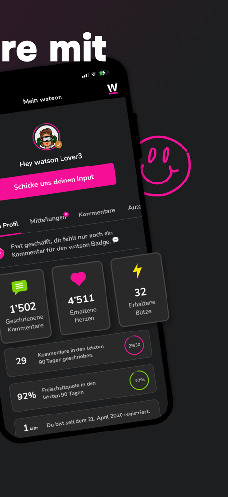 watson News - A screenshot of the watson News app user profile page displaying engagement statistics and social interactions