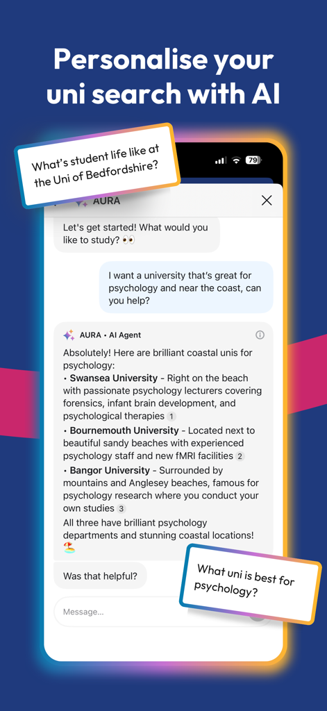 A screenshot of the Uni Compare app featuring the Aura AI advisor providing personalized UK university recommendations in a chat interface.