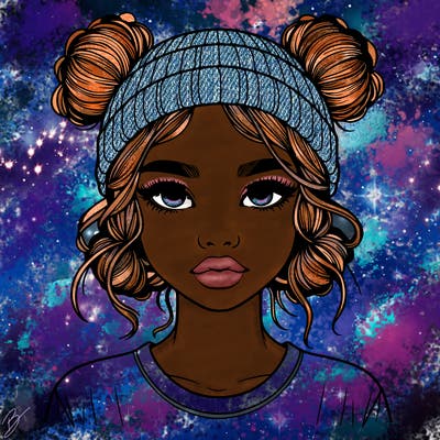 realistic girl with buns in her hair with a beanie on