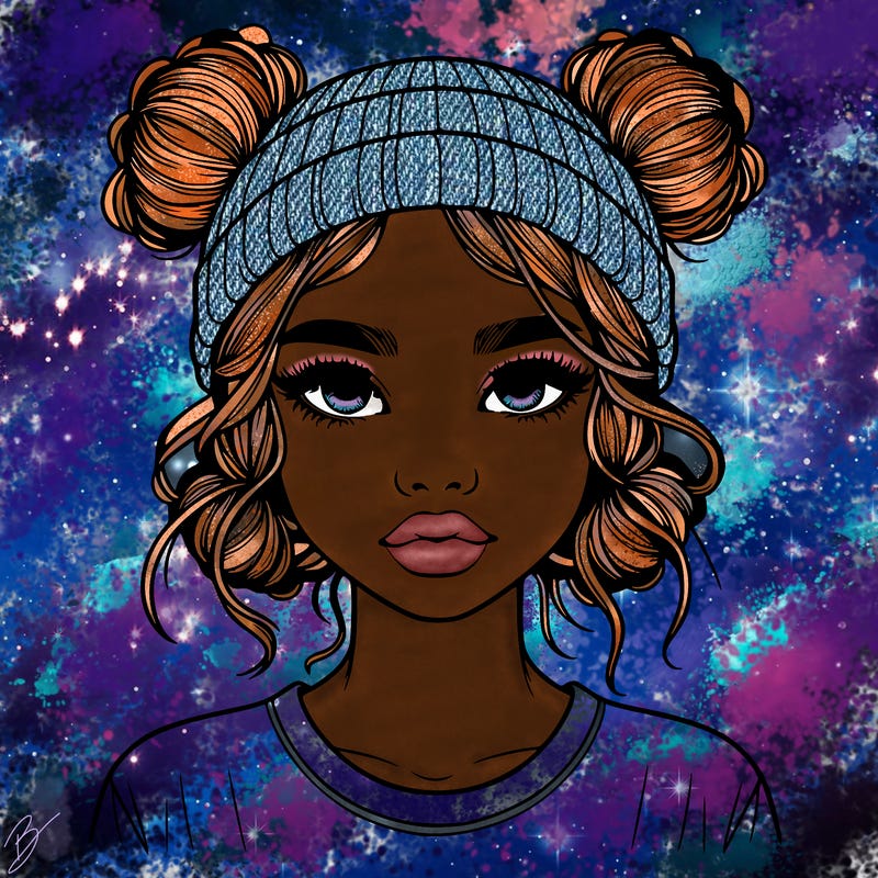 realistic girl with buns in her hair with a beanie on