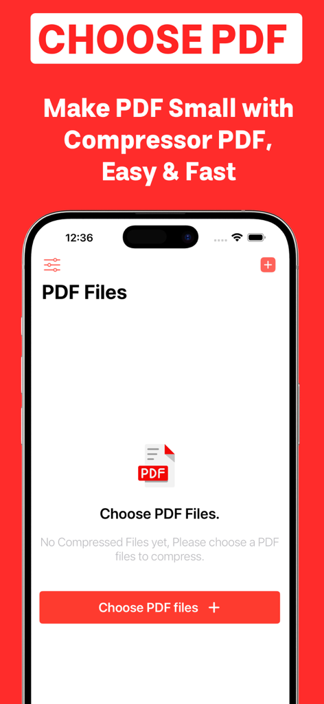 Compress PDF reduce pdf size - Interfaz de la aplicación de compresión de PDF que muestra la pantalla para elegir archivos para la reducción