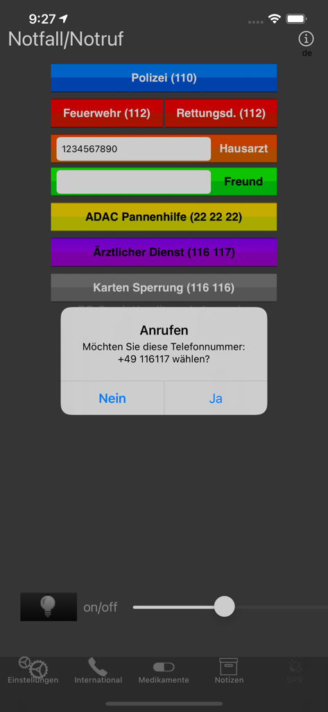 Painel do aplicativo Chamada de Emergência + SMS com grandes botões de um toque para polícia, bombeiros e serviços médicos com um pop-up de confirmação de chamada