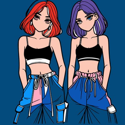 two girls with crop top with baggy pants