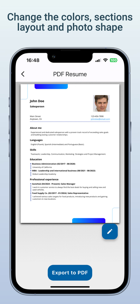 Resume Builder - CV Creator - Tela de smartphone mostrando a prévia de um currículo profissional com opções para personalizar o layout e exportar como PDF