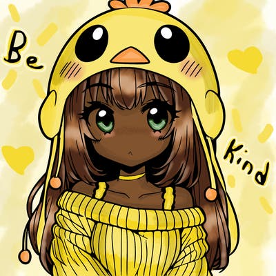 anime girl with chick shaped hat with sweater with bare shoulders with bangs covering them one eye with low tail
