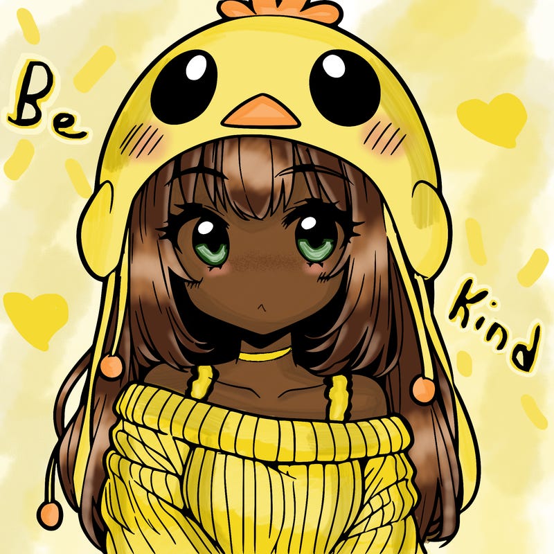 anime girl with chick shaped hat with sweater with bare shoulders with bangs covering them one eye with low tail
