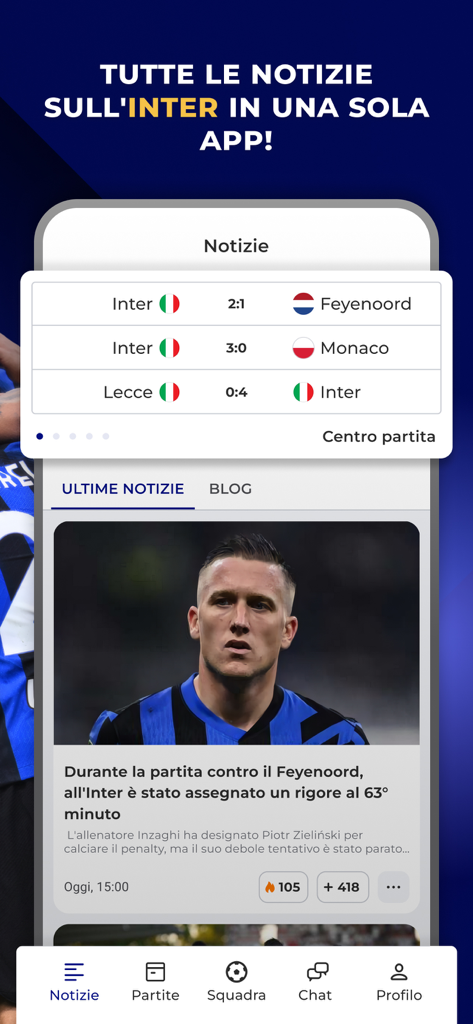 Inter Live - News & Matches - Interface of the Inter Live app showing recent match results and the latest club news articles