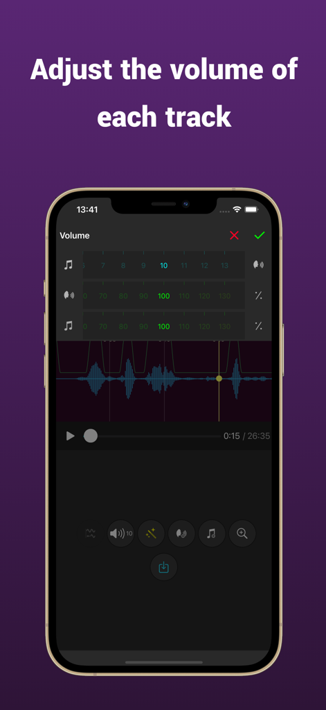 Add Music To Voice - Interface for adjusting the volume of individual voice and music tracks in the app