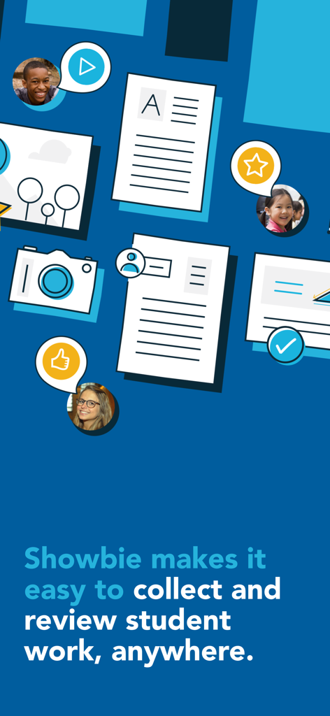 Showbie - Showbie가 교사와 학생 프로필을 통한 디지털 워크플로우를 통해 학생 작업 수집 및 검토를 단순화하는 방법을 보여주는 그래픽.