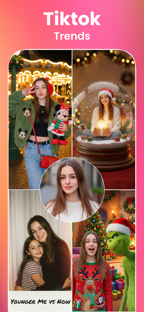 App interface showing viral TikTok trend templates with AI photo transformations and holiday themes