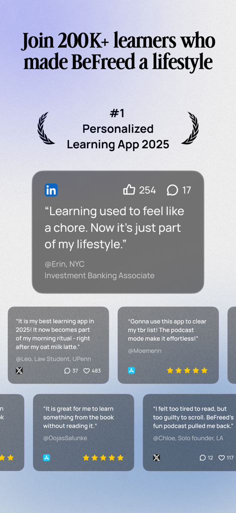 A compilation of positive user reviews and social proof for BeFreed showing it as a top-rated personalized learning app with over 200,000 learners.