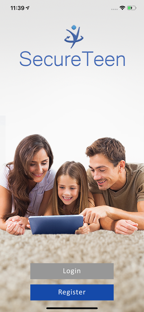 SecureTeen Parental Control - SecureTeen parental control app welcome screen showing a happy family using a tablet together