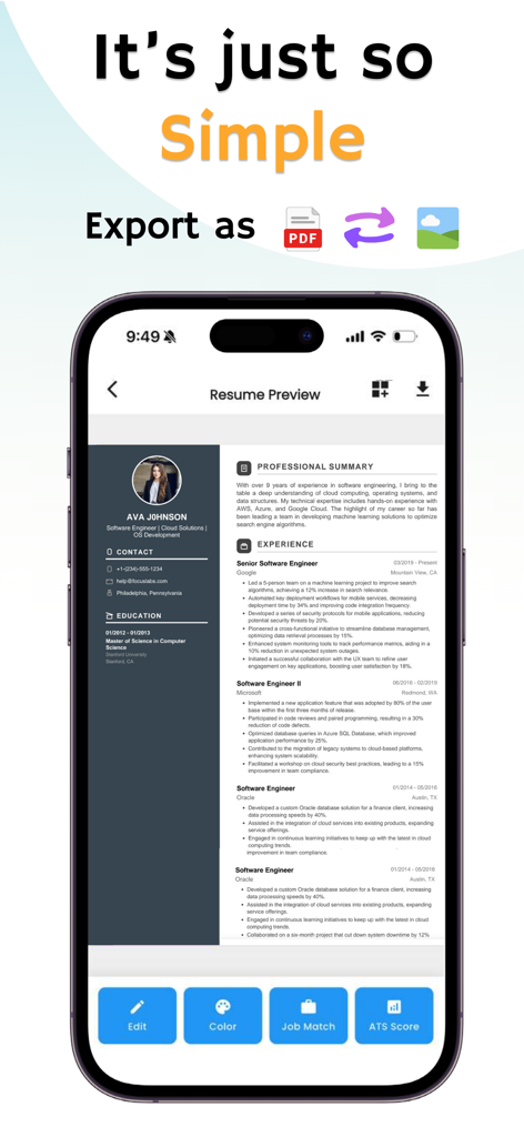 Resume generator AI: ResAI - Mobile app interface showing a professional AI generated resume preview with PDF export options.