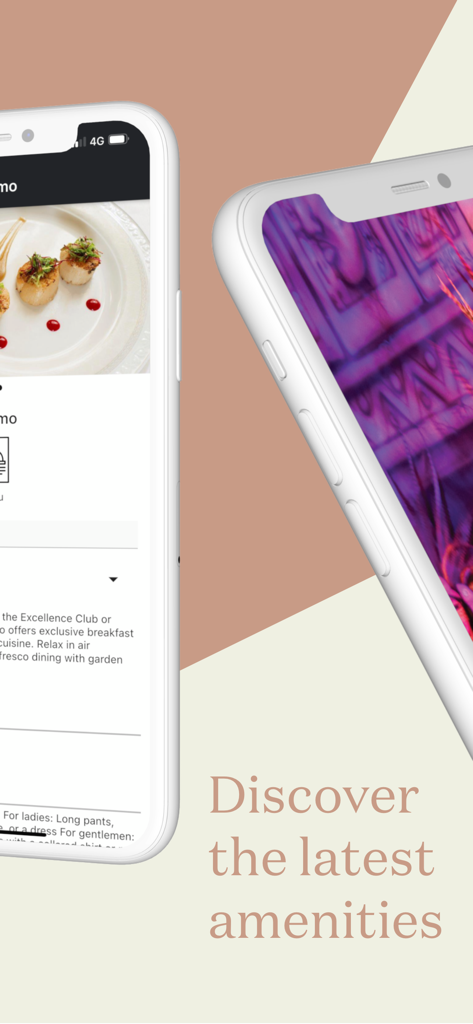 Una schermata dello smartphone che mostra ristorazione raffinata e servizi del resort sull'app Excellence Collection.