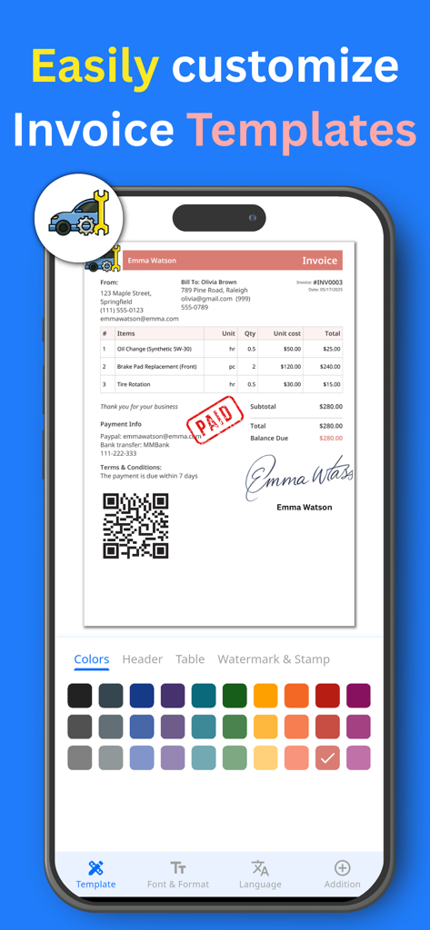 Écran de l'application mobile ezInvoice pour personnaliser les modèles de factures avec différentes couleurs et formats