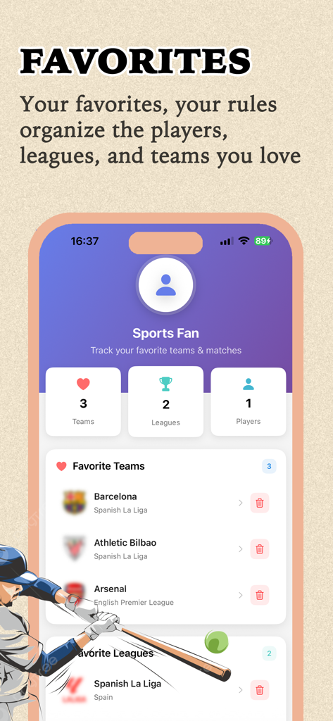 Nova Score - Nova soccer Hub - Tela de favoritos do aplicativo Nova Score mostrando um perfil de usuário com listas personalizadas de times e ligas de futebol