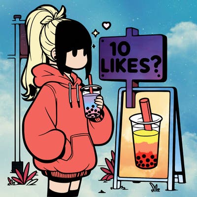 girl with oversized hoodie drinking boba and she has a high ponytail with a sign that says 10likes?