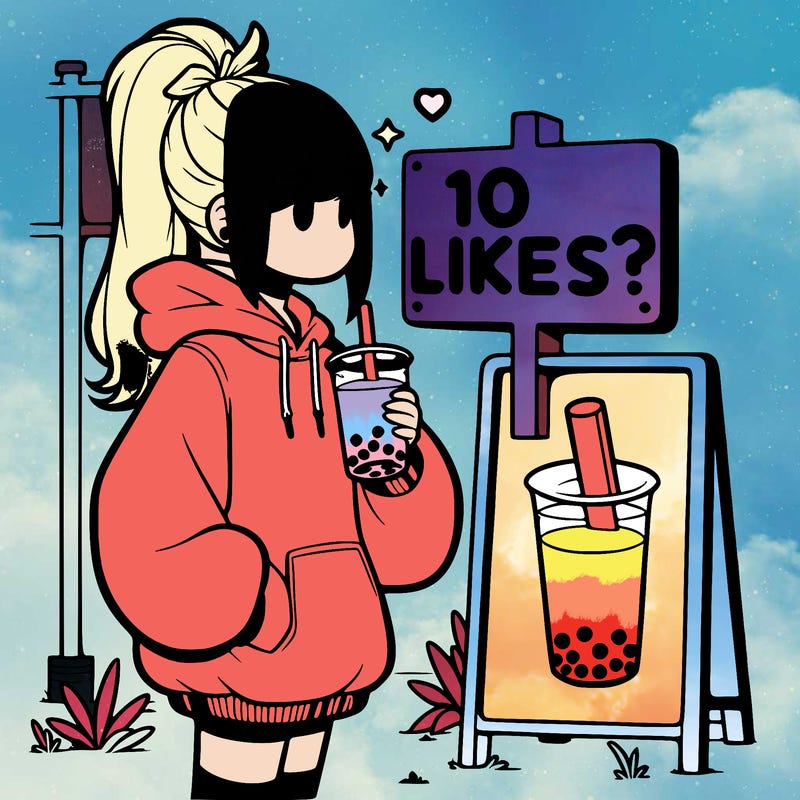 girl with oversized hoodie drinking boba and she has a high ponytail with a sign that says 10likes?