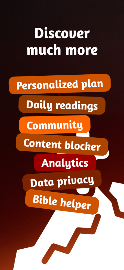 A list of features for the Unchaind app including personalized plans daily readings community and bible helper