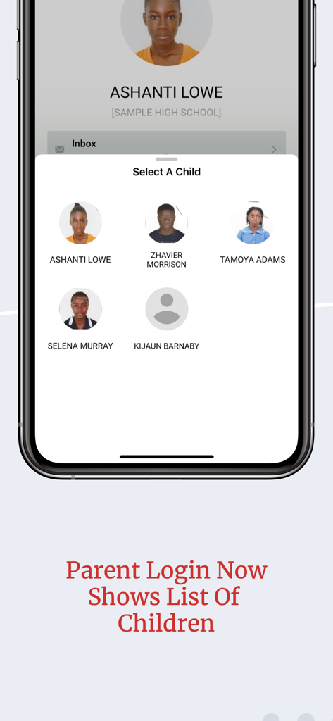 Interfaz que muestra la función de seleccionar un niño para los padres en la aplicación COMSOL MySchool