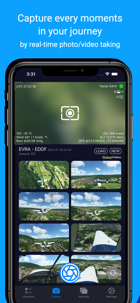 SimFly Pad - SimFly Pad app interface showing the virtual camera tool and a gallery of flight simulator screenshots with real-time flight data