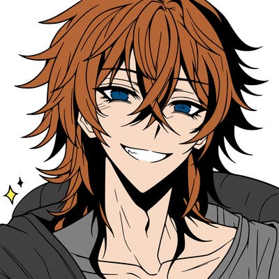 hot anime boy with long ish hair and a has a grin