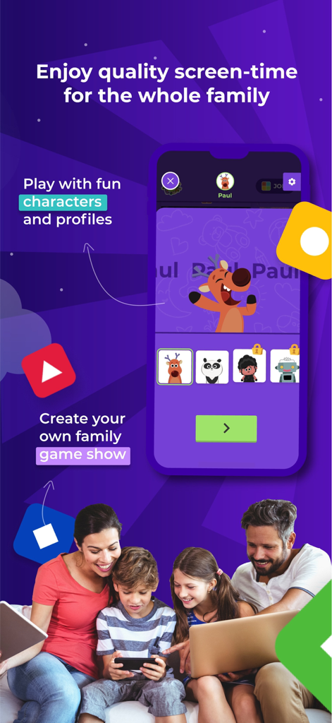 Kahoot! Kids: Learn & Play - Uma família feliz usando o aplicativo Kahoot Kids para jogar jogos educacionais com perfis de personagens divertidos.