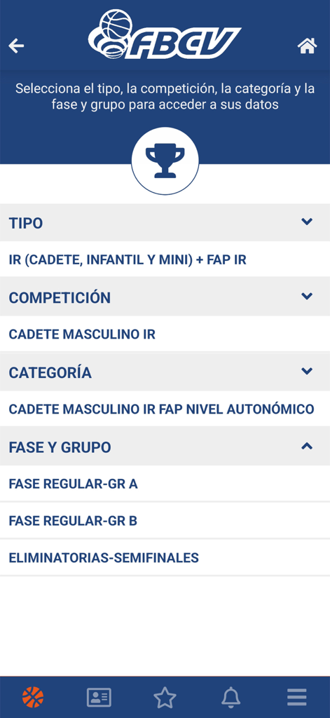FBCV - App Oficial - Pantalla de selección en la aplicación FBCV para competiciones y categorías de baloncesto