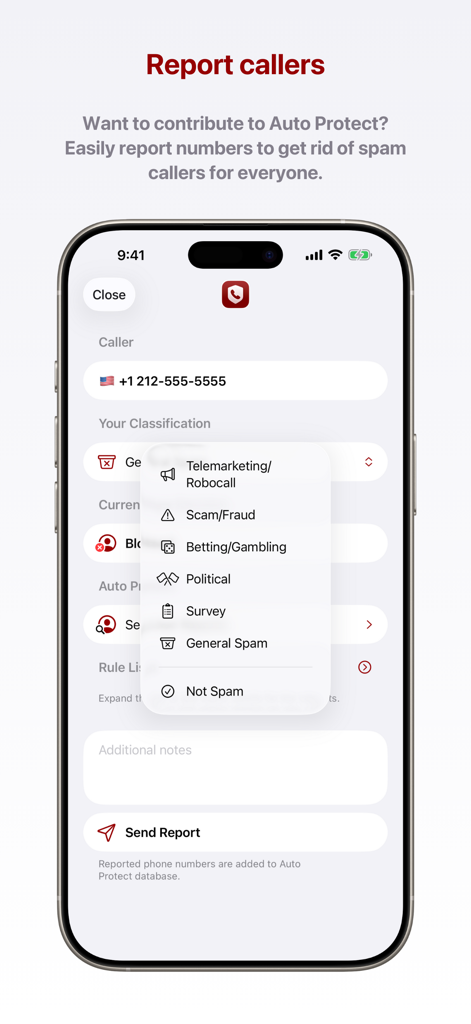 Interface of Begone app showing how to report a spam number with a dropdown menu of categories like telemarketing and fraud.