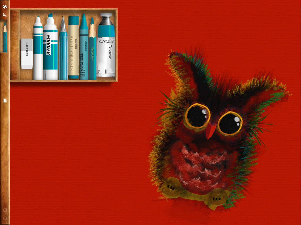 Peinture numérique d'un hibou flou sur une toile rouge utilisant la boîte d'outils virtuelle de l'application Art Set