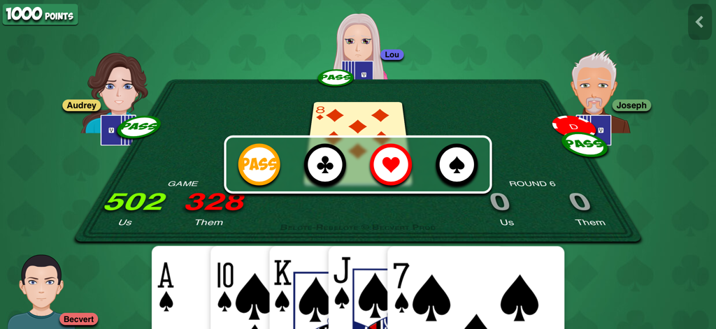 Interface de jeu de cartes Belote en ligne pour quatre joueurs avec options d'enchères sur une table verte.