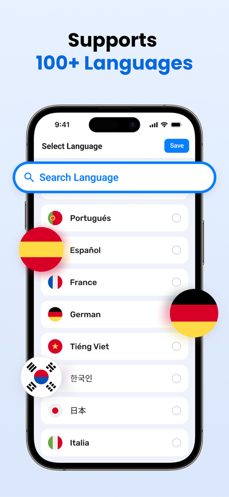 Schermata di selezione della lingua dell'app Go Translate che mostra il supporto per oltre 100 lingue con una barra di ricerca e bandiere nazionali.
