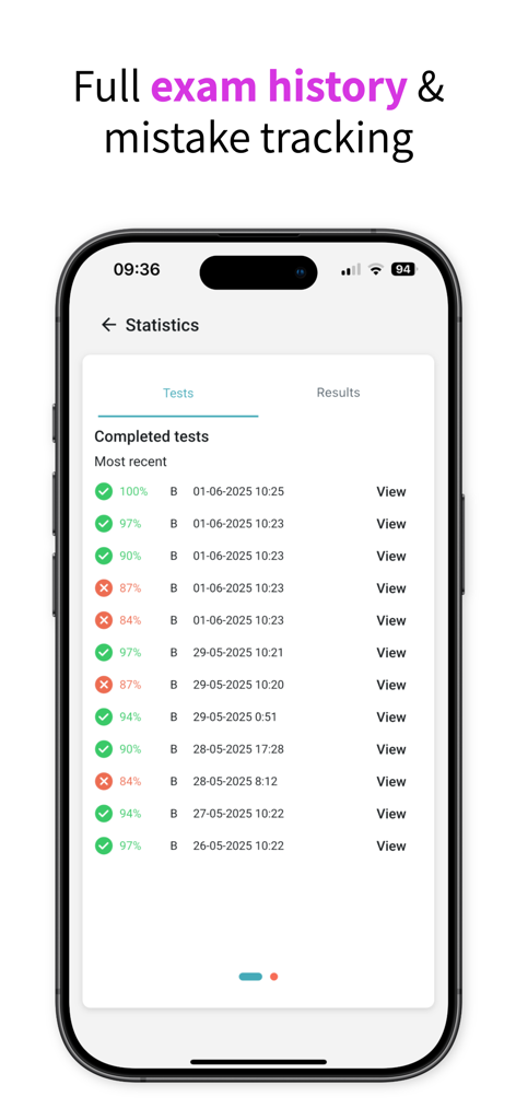 Cronologia completa degli esami e dashboard di monitoraggio degli errori nell'app TraficoTest