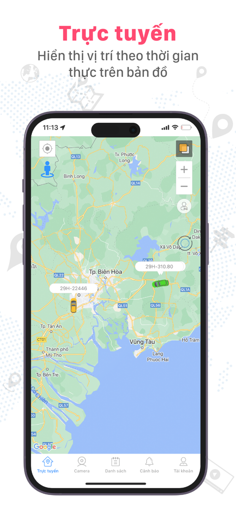 T-Track Pro App-Oberfläche zeigt die Live-Fahrzeugverfolgung auf einer Karte an