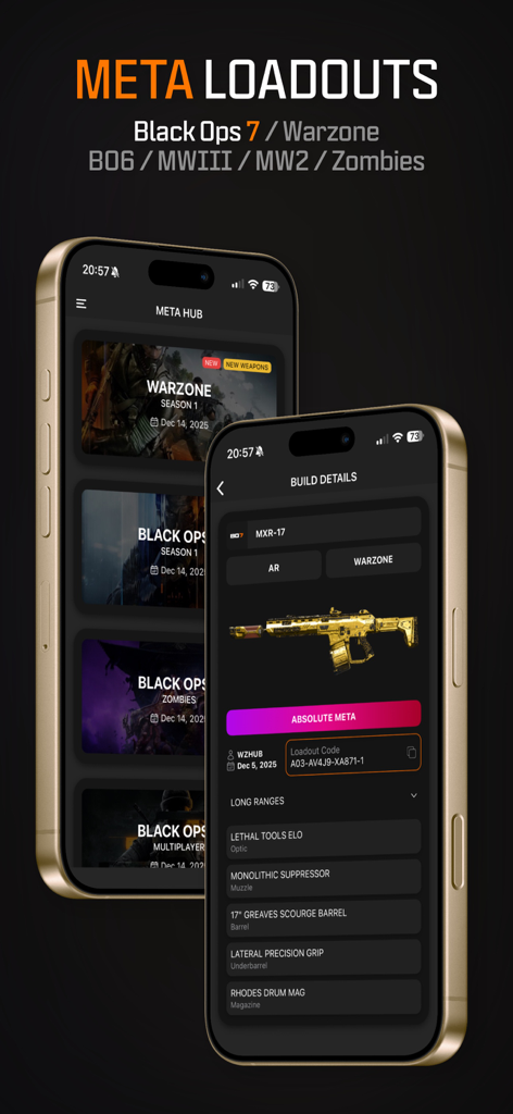 Warzone Meta and Camo Tracker app showing competitive weapon builds and loadouts