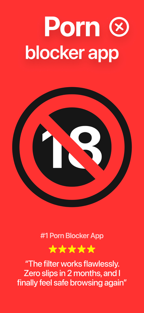 PornBlocker App - PornBlocker App screen featuring a restricted adult content icon and a five star user testimonial