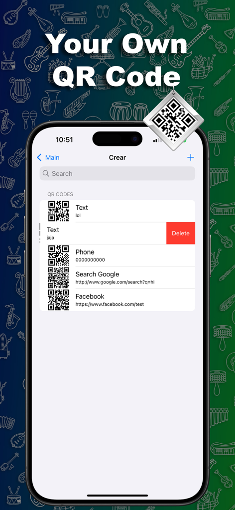 Duo Messenger Web Clone Plus - Interfaz de aplicación móvil que muestra una lista de códigos QR personalizados para texto, números de teléfono y enlaces web.