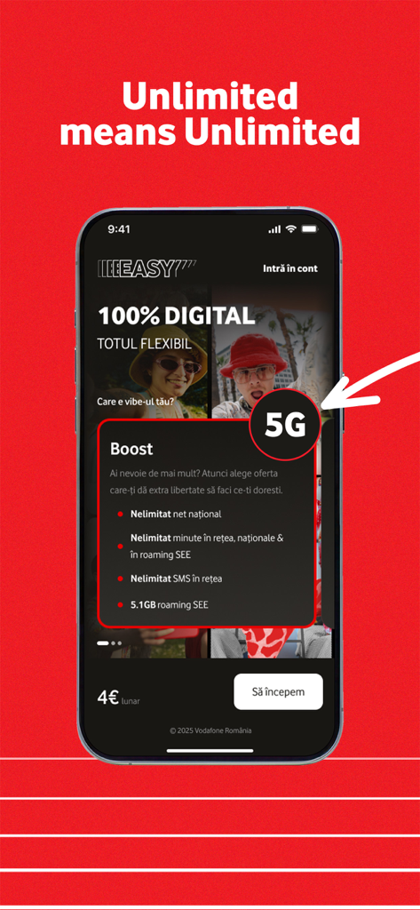 Vodafone EASY App-Oberfläche, die einen 100 % digitalen Unlimited 5G-Tarif mit flexiblen Optionen anzeigt.