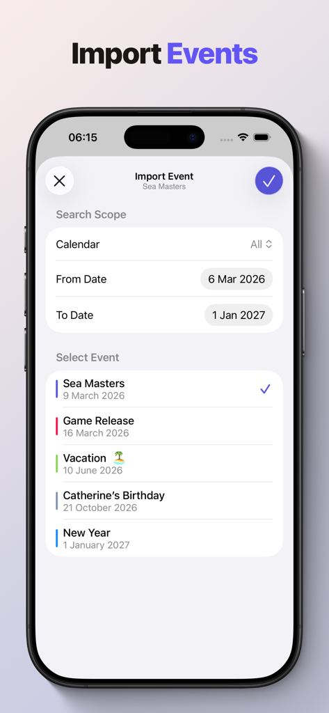 Waitee - Screenshot of the Waitee app interface showing the feature to import events from a system calendar.