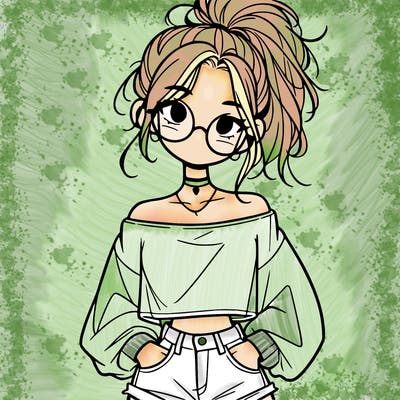 girl with a messy ponytail glasses a baggy crop top and jean shorts