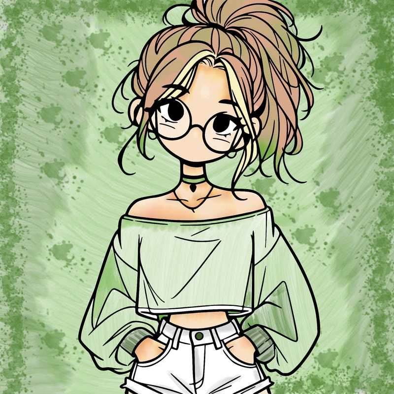 girl with a messy ponytail glasses a baggy crop top and jean shorts