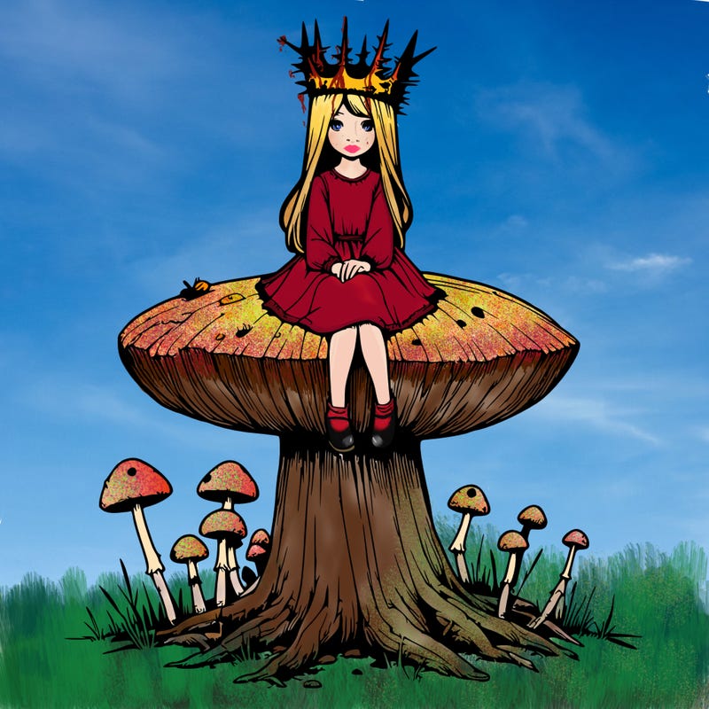 realistic girl sitting on a huge tree stump size toadstool with thorn crown