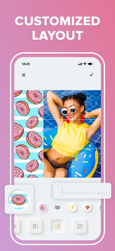 Una interfaz de aplicación móvil que muestra un diseño de cuadrícula de Instagram personalizado con una foto dividida y pegatinas decorativas.