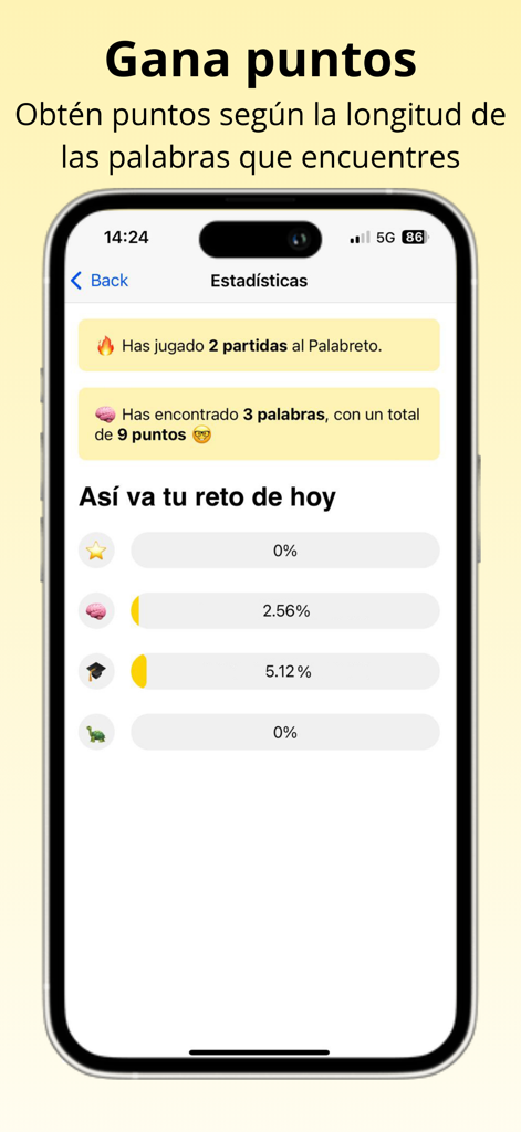 PalabReto - Puzle de palabras - Schermata delle statistiche nell'app PalabReto che mostra i punti guadagnati e i progressi nel rompicapo di parole giornaliero