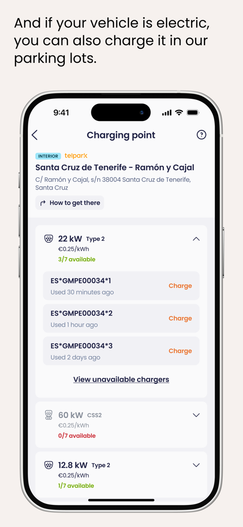 Telpark - Telpark mobile app interface displaying electric vehicle charging station availability and power levels