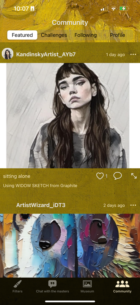 AI Impressionist Painter - Interfaz comunitaria de la aplicación Pintor Impresionista IA mostrando un feed de arte generado por usuarios