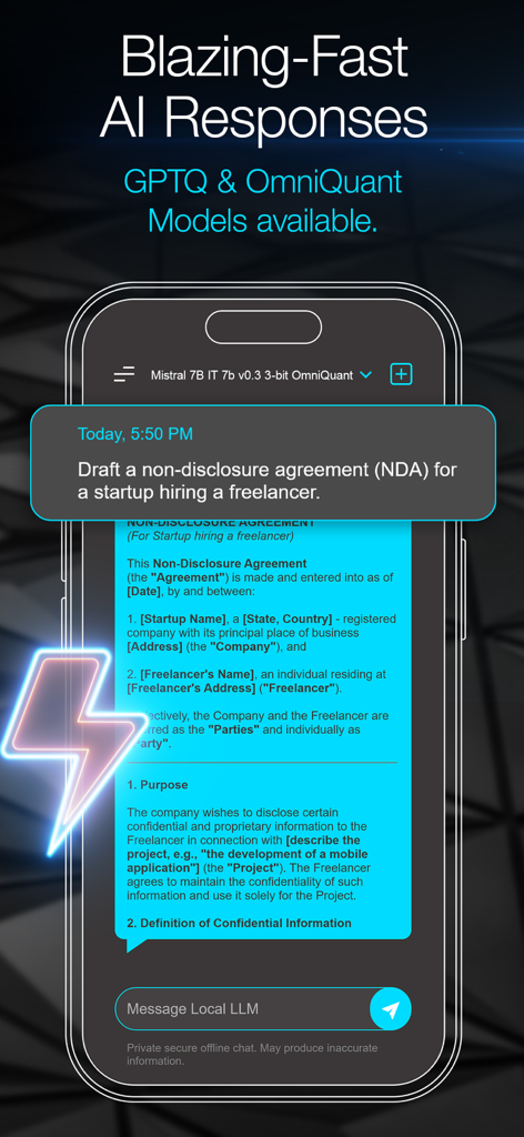 Local LLM: Private Secure Chat - Interface de l'application LLM Local rédigeant un accord de non-divulgation sur un smartphone